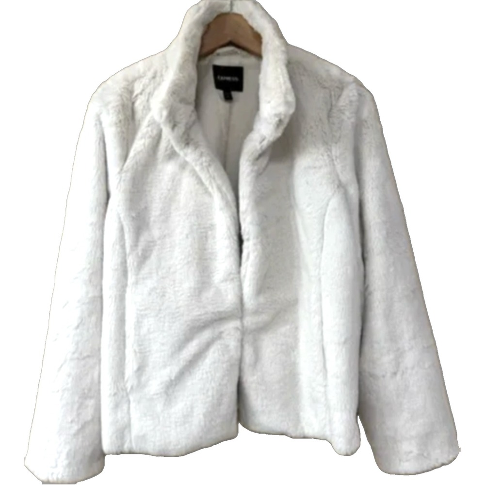 VTG Y2K Express Off-White Jacket FAUX MINK FUR Side Pockets STAND COLLAR sz M